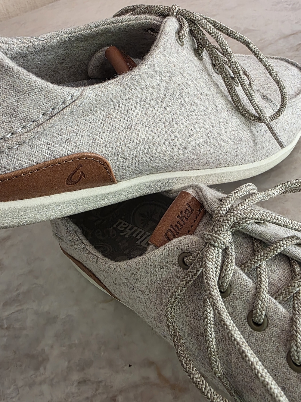 OluKai Men's Lace-Up Sneakers in Light Gray with Tan Accents